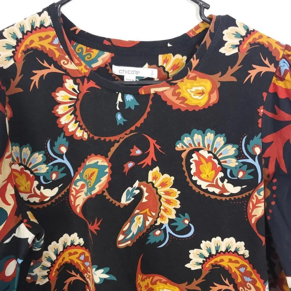 Chicos Top Womens Large Size 2 Dark Colorful Paisley Stretchy Elastic Sleeve Hem